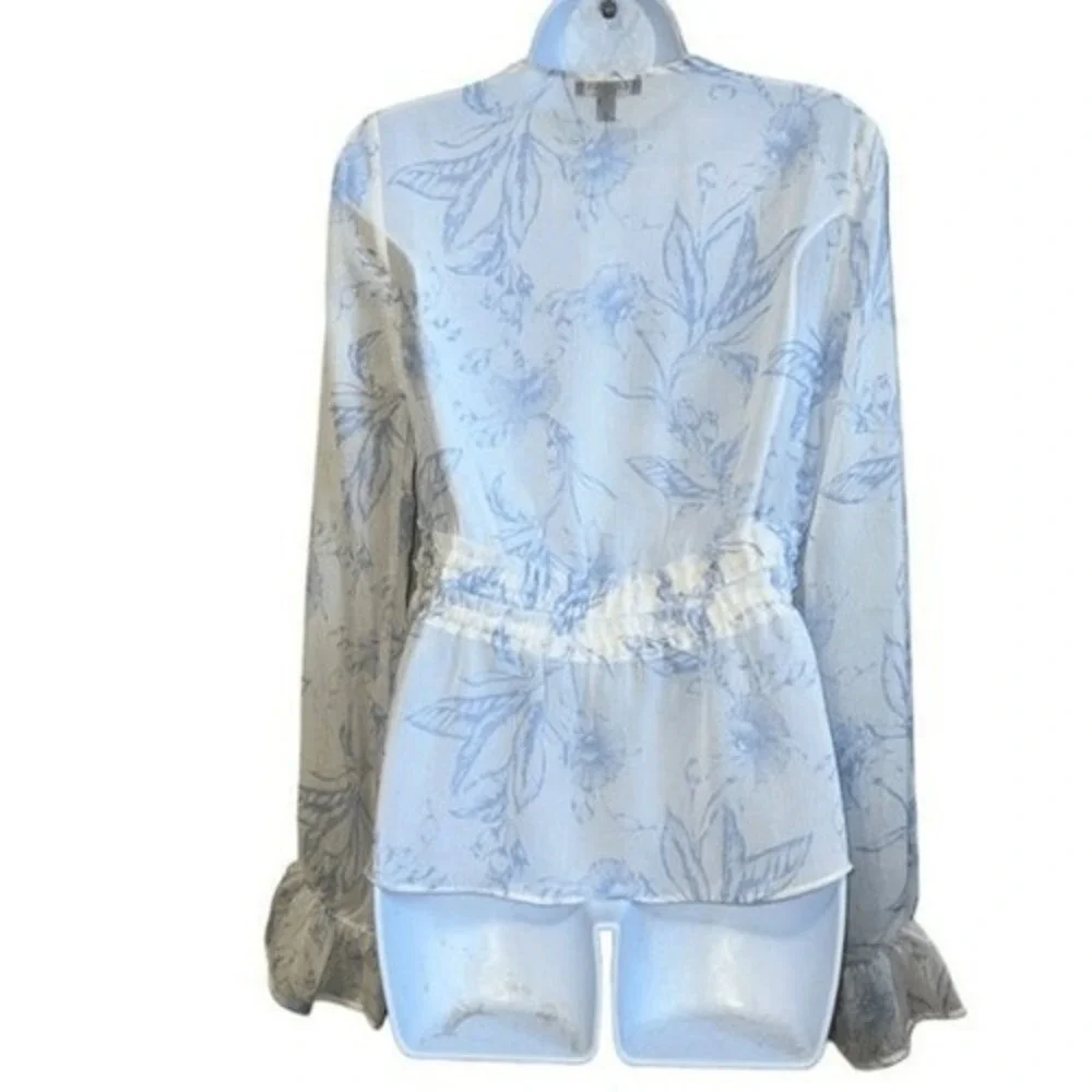 EXPRESS Elasticized Waist Peplum Hem White Chiffon Floral L/S Top NWOT Small - Picture 7 of 9